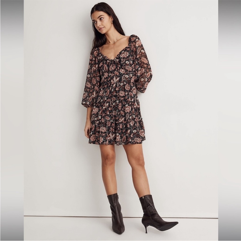 Madewell Amalia tiered chiffon mini dress in pampas blooms floral metallic print